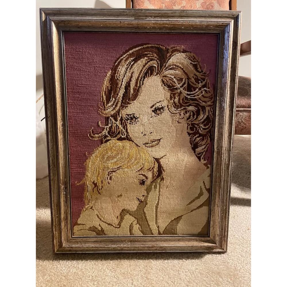 Vintage framed needlepoint mother and child MC 60s 70s